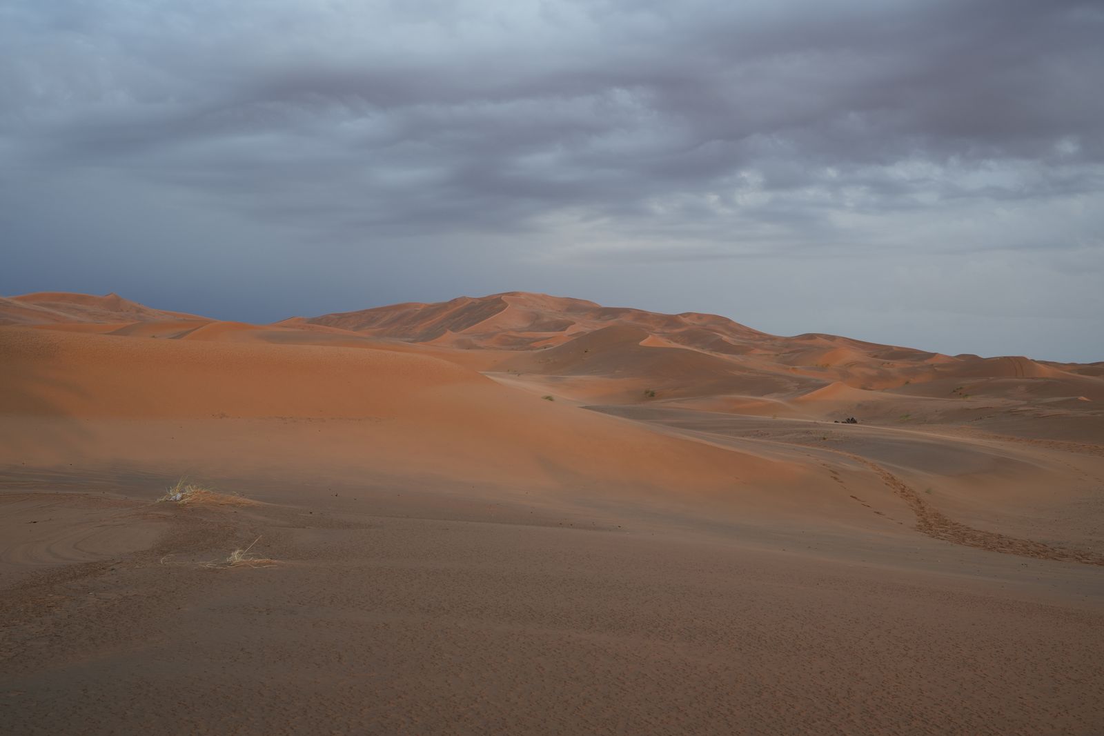 Dunes de l’Erg Chebbi près de Merzouga, au Maroc, sous un ciel nuageux