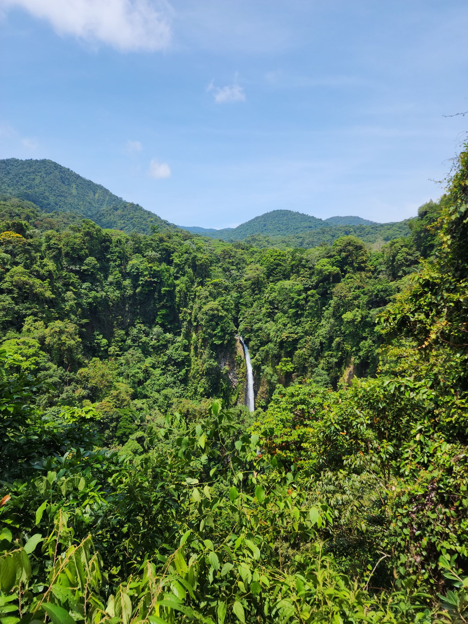 Cascade de La Fortuna au fond d'une vallée couverte de forêt