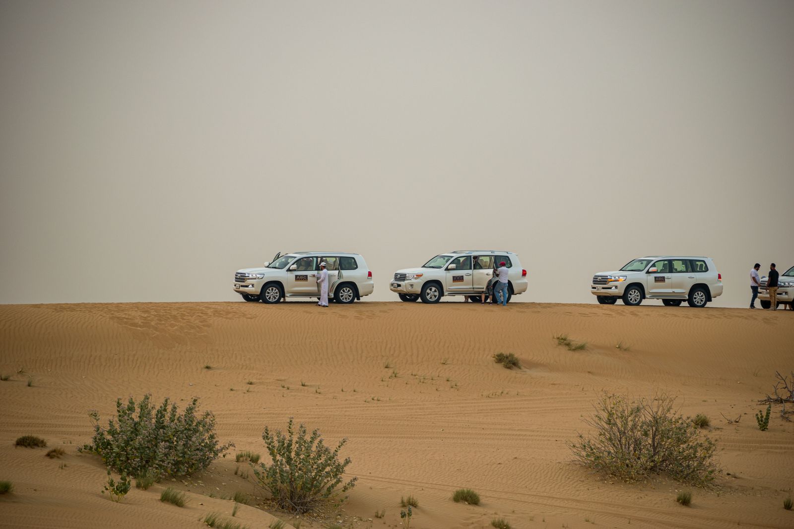 Trois 4x4 blancs arrêtés sur le sable du désert de Dubaï, sous un ciel voilé
