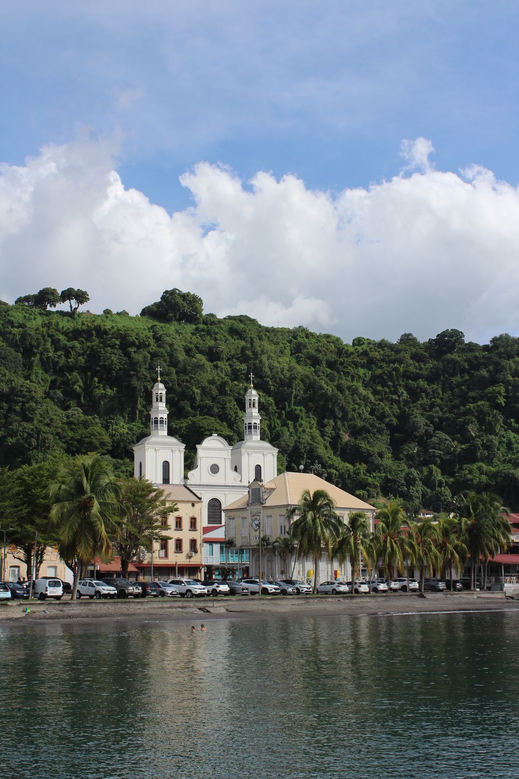 Église aux deux clochers blancs de Saint-Pierre, devant des collines boisées