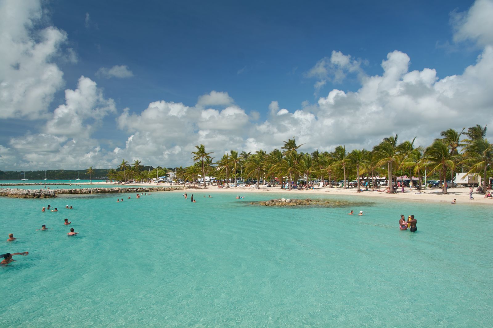 Plage de sable blanc bordée de cocotiers à Sainte-Anne, baigneurs dans une eau turquoise peu profonde